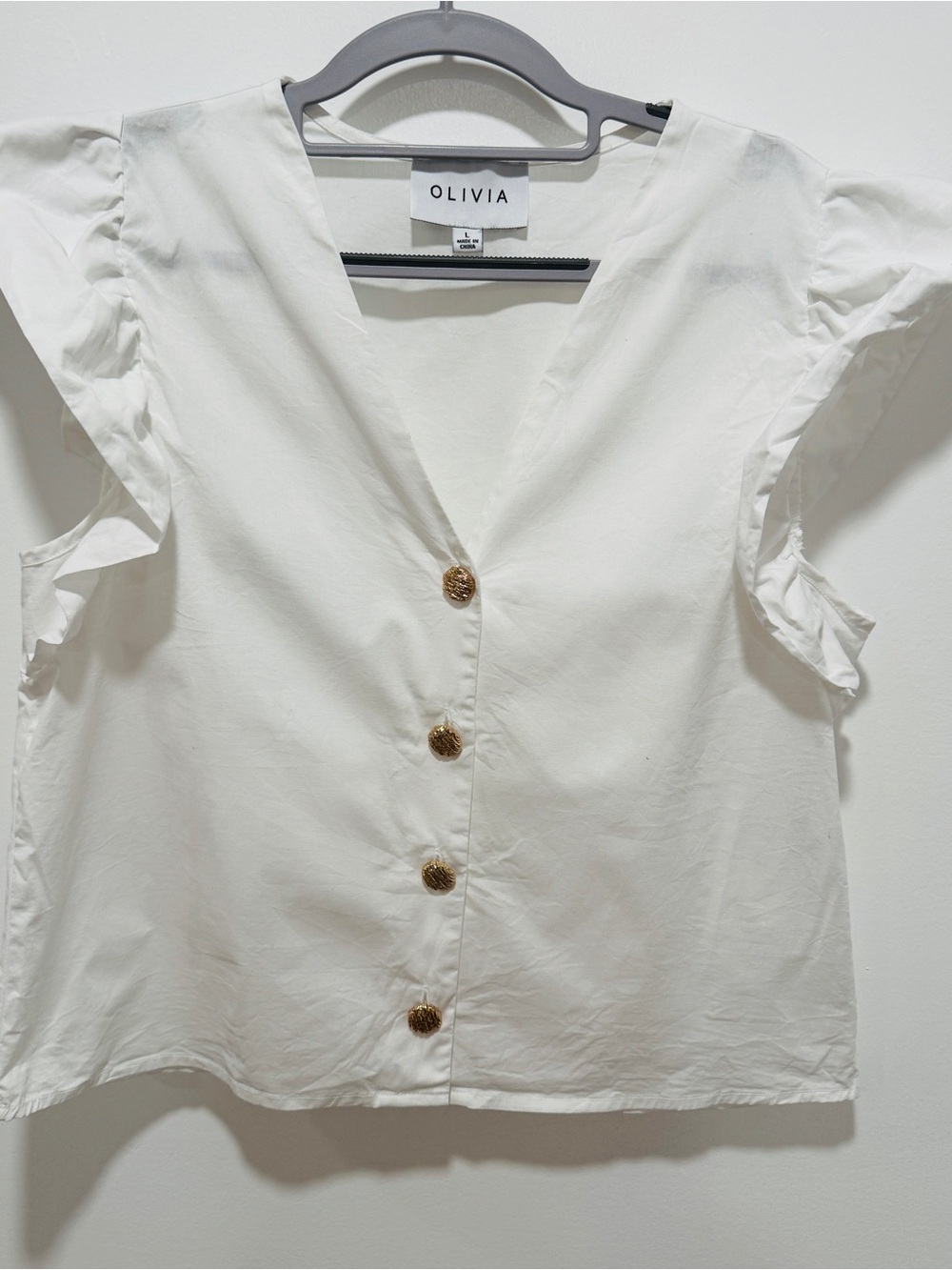 Olivia White V-Neck Button-Front Ruffle Sleeve Top